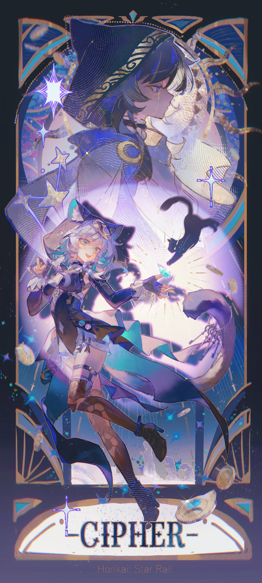 1girl absurdres animal_ear_fluff animal_ears black_cat black_gloves boots cat cat_ears cat_girl cat_tail character_name cipher_(honkai:_star_rail) crying crying_with_eyes_open fingerless_gloves full_body gloves grey_hair high_heels highres honkai:_star_rail honkai_(series) long_sleeves looking_at_object multiple_views niukou_kouzi open_mouth smile tail tears teeth thigh_boots thigh_strap upper_teeth_only