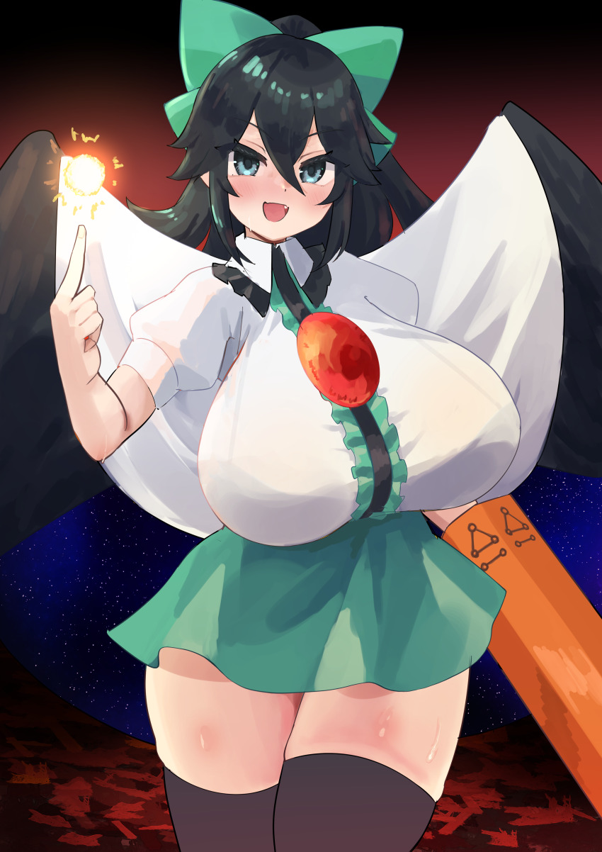 1girl absurdres alternate_eye_color aqua_eyes arm_cannon bird_wings black_background black_hair black_thighhighs black_wings blue_eyes bow bra_visible_through_clothes breasts cape center_frills commentary_request control_rod_(touhou) cowboy_shot double-parted_bangs fang frilled_shirt_collar frills green_bow green_skirt hair_between_eyes hand_up highres huge_breasts open_mouth pointing puffy_short_sleeves puffy_sleeves reiuji_utsuho shinonome_zakuro shirt short_sleeves skirt solo thighhighs third_eye third_eye_on_chest touhou variant_set weapon white_shirt wings