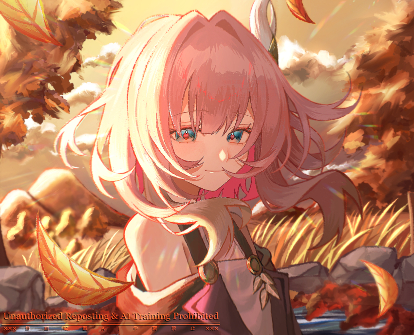1girl bare_shoulders blue_eyes brown_sky coat commentary_request cyrene_(aedes_elysiae)_(honkai:_star_rail) cyrene_(honkai:_star_rail) dress falling_leaves grass hair_ornament highres honkai:_star_rail honkai_(series) leaf looking_at_viewer medium_hair outdoors pink_hair purple_coat rin1719073 smile solo upper_body wheat white_dress