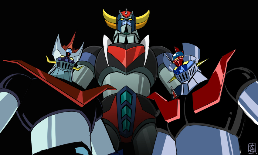 3boys black_background great_mazinger great_mazinger_(robot) mazinger_(series) mazinger_z mazinger_z_(mecha) mecha mecha_focus multiple_boys no_humans ootsuka_ken robot science_fiction super_robot ufo_robo_grendizer yellow_eyes