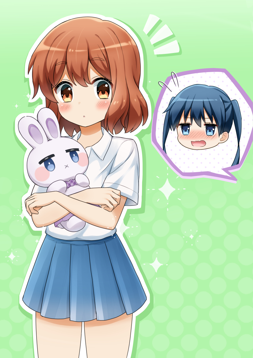 2girls 2gong_(9ujin_) :o ^^^ absurdres blue_eyes blue_hair blush brown_eyes brown_hair collared_shirt embarrassed green_background highres holding holding_stuffed_toy hugging_object inokuma_youko kin-iro_mosaic komeko416 komichi_aya light_blush long_hair moegi_high_school_uniform multiple_girls open_mouth outline pleated_skirt polka_dot school_uniform shirt short_hair short_sleeves simple_background skirt small_sweatdrop speech_bubble star_(symbol) star_symbol_background stuffed_animal stuffed_rabbit stuffed_toy surprised sweatdrop toy twintails white_shirt x_mouth
