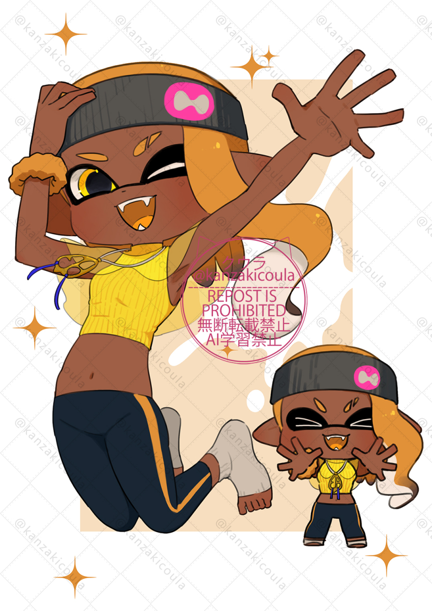 &gt;_&lt; 1girl :3 :d ankle_socks arm_up armpits asymmetrical_sidelocks black_headband black_leggings breasts chibi chibi_inset colored_tongue commentary_request commission coula_cat cropped_sweater dark-skinned_female dark_skin dot_nose eyebrow_cut grin hand_on_own_head headband highres inkling inkling_girl inkling_player_character jewelry jumping leggings legs_apart long_hair long_sidelocks midriff navel necklace nintendo one_eye_closed open_mouth orange_eyes orange_hair orange_scrunchie outstretched_arms pointy_ears ribbed_sweater scrunchie sidelocks single_vertical_stripe skeb_commission sleeveless sleeveless_sweater small_breasts smile socks sparkle splatoon_(series) sweater tentacle_hair toeless_socks turtleneck turtleneck_sweater twitter_username v-shaped_eyebrows watermark watermark_grid wrist_scrunchie xd yellow_sweater