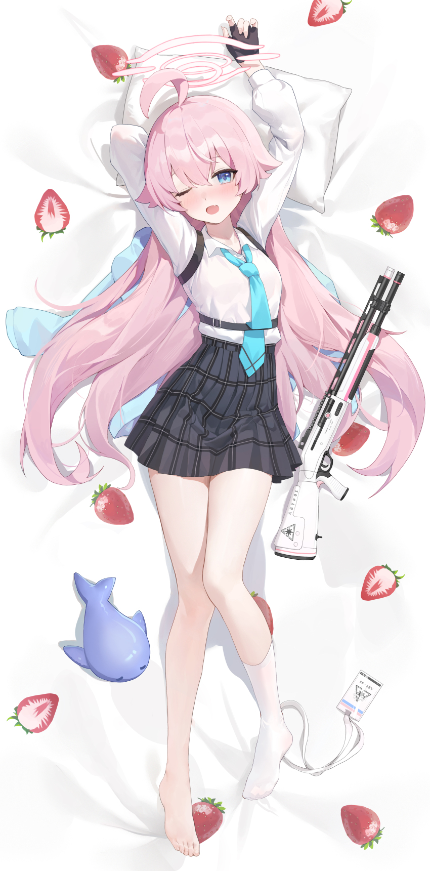 1girl absurdres ahoge arms_up beretta_1301 black_gloves black_skirt blue_archive blue_eyes blue_necktie blush chest_harness commentary_request fang fingerless_gloves food_print fruit_print full_body gloves hair_between_eyes halo harness highres hoshino_(blue_archive) huge_ahoge huomianbao39445 lanyard long_hair looking_at_viewer miniskirt necktie one_eye_closed open_mouth pink_hair pink_halo plaid_clothes plaid_skirt pleated_skirt shirt single_bare_foot single_sock skin_fang skirt smile socks solo strawberry_print stuffed_whale thighs unworn_lanyard white_shirt white_socks