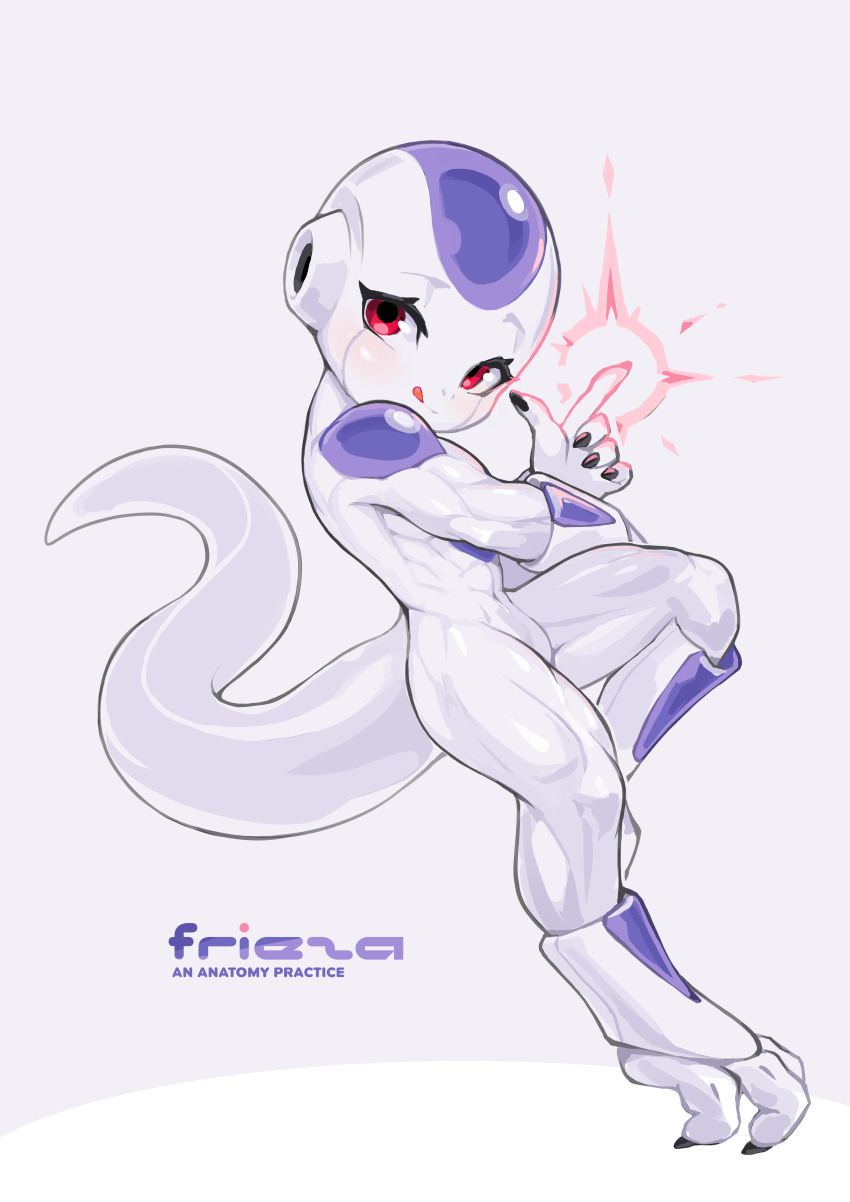 1boy 2018 2025 abs absurdres biceps black_nails closed_mouth colored_skin deltoids dragon_ball dragonball_z final_form_frieza frieza from_side full_body head_tilt highres krita_(medium) leg_up licking_lips light_smile looking_at_viewer muscular muscular_male non-web_source pointing pointing_up quads raised_inner_eyebrows serratus_anterior simple_background tail toned toned_male tongue tongue_out trap tsurime tyson_tan white_skin