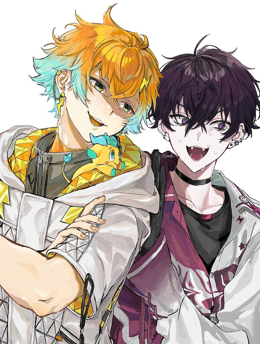 2boys @_@ antenna_hair aqua_eyes aqua_hair artist_name black_choker black_gloves black_hair black_shirt choker collarbone collared_shirt commentary_request crossed_arms crossed_bangs drawstring ear_piercing earrings fangs gloves gradient_hair grey_jacket hair_between_eyes hair_ornament hand_up highres hood hood_down hooded_jacket jacket jewelry lightning_bolt lightning_bolt_earrings lightning_bolt_hair_ornament lightning_bolt_symbol long_sleeves looking_at_another looking_to_the_side male_focus multicolored_eyes multicolored_hair multicolored_shirt multiple_boys nervous_sweating nijisanji open_mouth or6_(goor6) orange_eyes orange_hair paw_earrings piercing print_shirt purple_eyes purple_shirt saiki_ittetsu saiki_ittetsu_(1st_costume) shaded_face shirt short_hair short_sleeves single_earring smile sweat teeth twitter_username undershirt upper_body usami_rito usami_rito_(1st_costume) virtual_youtuber white_jacket white_shirt