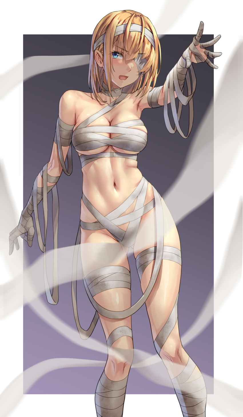 1girl absurdres bandages blonde_hair blue_eyes breasts commentary_request halloween_costume highres kantai_collection kokuzou large_breasts looking_at_viewer mummy_costume naked_bandage navel one_eye_covered open_mouth outstretched_arm rodney_(kancolle) short_hair simple_background solo