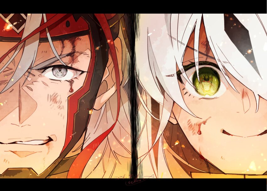 1boy 1girl armor black_hair blood_from_forehead blood blood_on_face eye_reflection faceplate fate/grand_order fate_(series) furrowed_brow green_eyes grey_eyes grey_hair highres multicolored_hair nagao_kagetora_(fate) reflection salmon_aburi1 smile split_screen streaked_hair takeda_shingen_(fate) uesugi_kenshin_(fate) white_hair