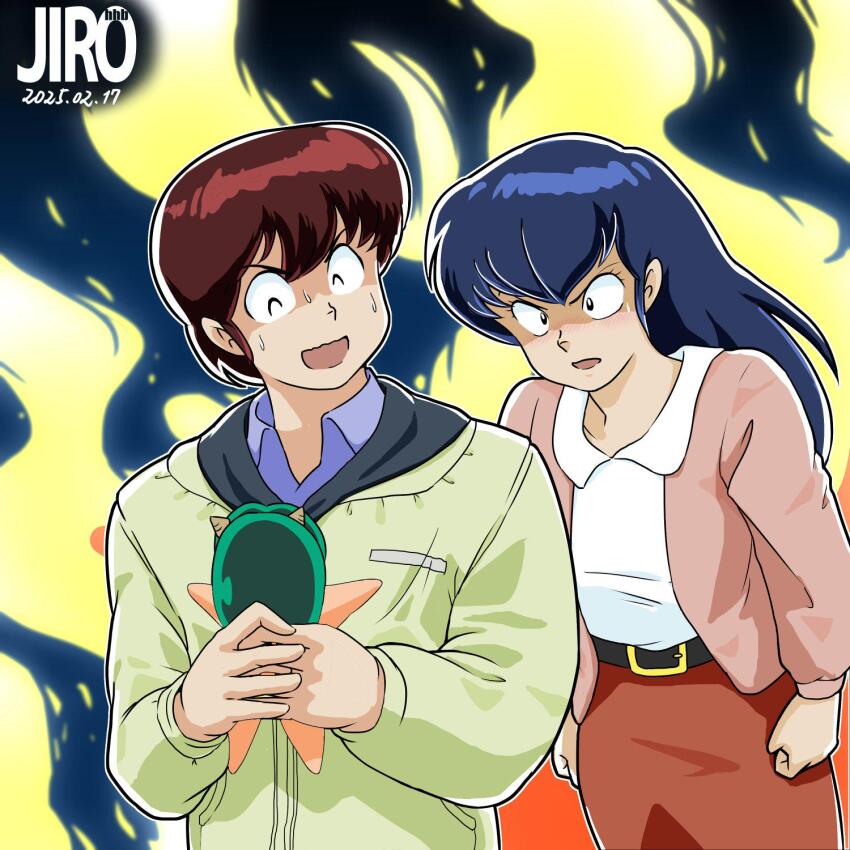 angry belt blue_hair brown_hair collared_shirt doll fire green_jacket highres jacket jirohhb lum maison_ikkoku non-web_source otonashi_kyouko shirt skirt stuffed_toy