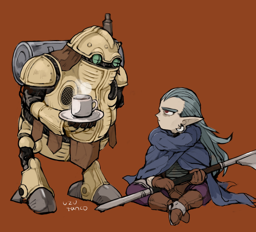 1boy 1other vent_(object) armor artist_name blue_cloak brown_footwear brown_gloves chrono_trigger cloak coffee_mug commentary_request cup earrings expressionless gloves grey_hair highres holding holding_saucer jewelry leaning_forward long_hair long_pointy_ears looking_at_another magus_(chrono_trigger) mechanical_arms mechanical_legs mug pointy_ears red_background red_eyes robo_(chrono_trigger) robot saucer simple_background sitting standing steam tube uzutanco