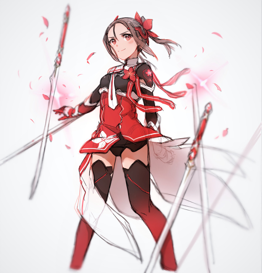 1girl black_thighhighs blush bow feet_out_of_frame female_focus floating_hair floral_print flower forehead gradient_legwear hair_bow hair_ornament highres kirisawa_saki magical_girl miyoshi_karin petals planted planted_sword planted_weapon ponytail red_bow red_ribbon red_thighhighs ribbon simple_background smile solo standing sword thighhighs weapon yuuki_yuuna_wa_yuusha_de_aru yuusha_de_aru