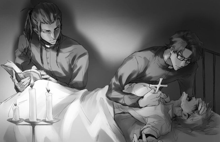 3boys aizen_sousuke alternate_costume black-framed_eyewear black_hair bleach book candle candlestand clenched_hand closed_mouth collared_shirt commentary_request cross dark-skinned_male dark_skin exorcism glasses greyscale hand_on_forehead highres holding holding_cross indoors korean_commentary kurosaki_ichigo long_hair long_sleeves looking_at_another losloslaus lying male_focus monochrome multiple_boys no_eyes nose on_back on_bed open_book open_mouth ponytail priest saliva serious shirt short_hair sidelocks spiked_hair split_mouth teeth tongue tousen_kaname under_covers underlighting upper_body v-shaped_eyebrows