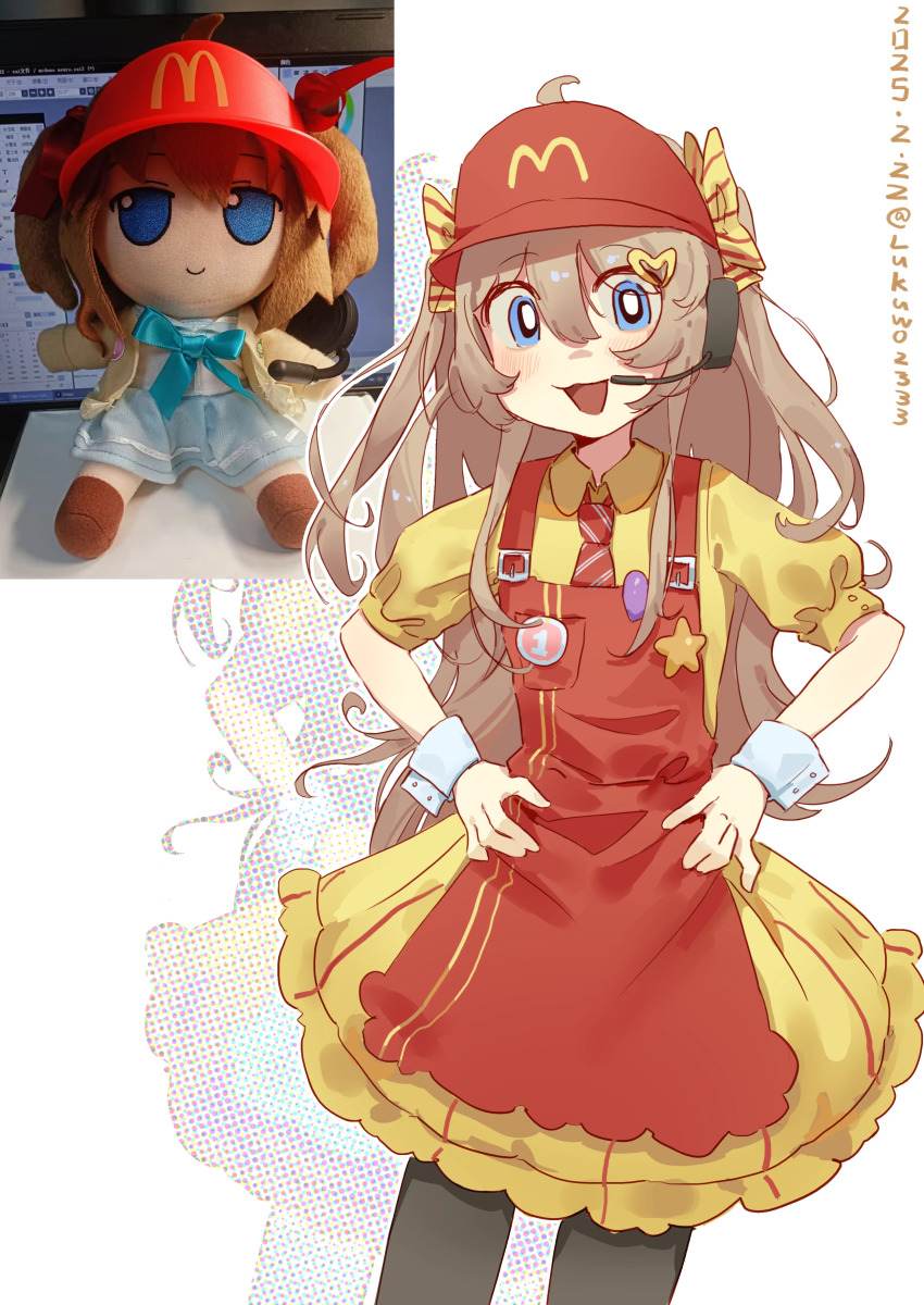 1girl :3 :d absurdres ahoge alternate_costume apron badge baseball_cap black_pantyhose blue_eyes blush bow brown_hair button_badge collared_dress cowboy_shot dated diagonal-striped_clothes diagonal-striped_necktie dress drop_shadow employee_uniform fast_food_uniform frilled_dress frills fumo_(doll) hair_between_eyes hair_bow halftone hands_on_own_hips hat headset highres indie_virtual_youtuber lexingzi long_hair mcdonald&#039;s necktie neuro-sama open_mouth outline pantyhose photo-referenced photo_inset puffy_short_sleeves puffy_sleeves red_apron red_hat red_necktie reference_inset short_sleeves simple_background smile solo standing star_button striped_bow striped_clothes twitter_username two_side_up very_long_hair virtual_youtuber white_background white_outline white_wrist_cuffs wrist_cuffs yellow_bow yellow_dress