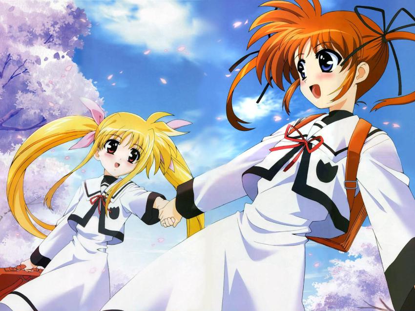 00s 2girls :d arm_at_side backpack bag black_ribbon blonde_hair blue_eyes blush breasts briefcase brown_eyes brown_hair buckle cherry_blossoms cloud cowboy_shot crop_top day dress eye_contact fate_testarossa foreshortening hair_ribbon happy holding holding_bag holding_hands long_hair long_sleeves looking_at_another lyrical_nanoha mahou_shoujo_lyrical_nanoha mahou_shoujo_lyrical_nanoha_a&#039;s multiple_girls okuda_yasuhiro open_mouth orange_hair outdoors outstretched_arm outstretched_arms petals pink_ribbon purple_eyes randoseru red_eyes red_ribbon ribbon school_bag school_briefcase school_uniform seishou_elementary_school_uniform serafuku shirt sidelocks sky small_breasts smile spread_arms standing takamachi_nanoha tree turtleneck twintails very_long_hair white_dress white_shirt