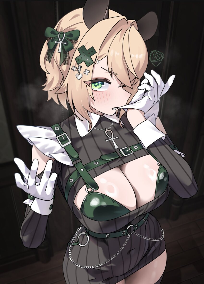 1girl alternate_costume animal_ears ankh ankh_necklace belt biting biting_glove black_dress blonde_hair bra breasts chest_harness cleavage cleavage_cutout clothing_cutout covered_navel dress furrowed_brow glove_pull gloves green_bra green_eyes green_ribbon gurumie hair_ornament hair_ribbon harness highres indie_virtual_youtuber large_breasts looking_at_viewer mouth_hold nimi_nightmare paid_reward_available ribbed_dress ribbon short_dress short_hair solo tapir_ears tapir_girl underwear virtual_youtuber white_gloves x_hair_ornament