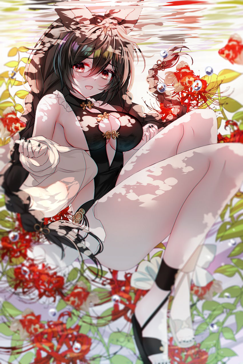 1girl absurdres backless_swimsuit black_hair black_one-piece_swimsuit braid breasts casual_one-piece_swimsuit erune flower frilled_one-piece_swimsuit frilled_slingshot_swimsuit frills granblue_fantasy highres nier_(granblue_fantasy) nier_(lover_by_the_lily_lake)_(granblue_fantasy) official_alternate_costume one-piece_swimsuit red_eyes sana27022934 sideboob solo spider_lily swimsuit thighs twin_braids underwater