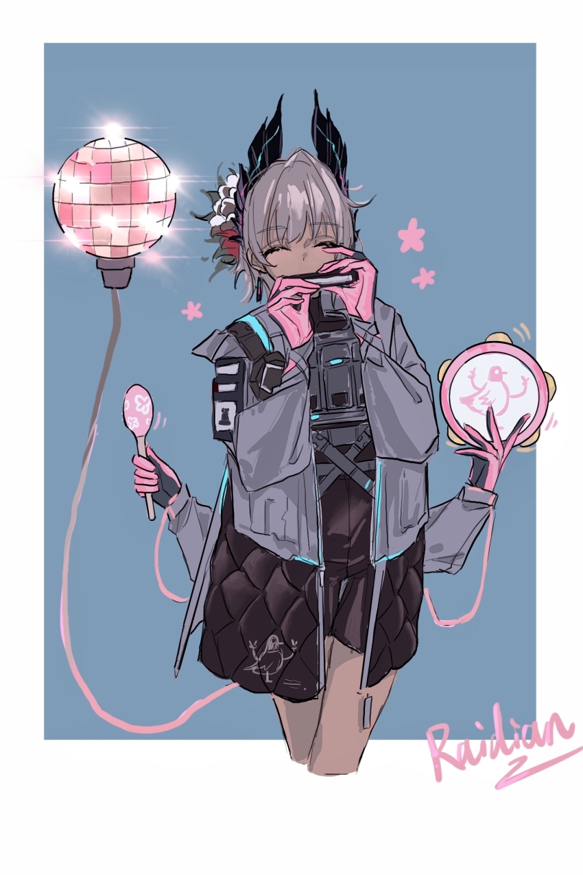 1girl ^_^ aaa_shenmi_zuo_fan_ren arknights black_gloves blue_background border character_name chinese_commentary closed_eyes commentary_request covered_mouth cropped_legs dark-skinned_female dark_skin disco_ball extra_arms facing_viewer flower_symbol gloves grey_hair grey_jacket harmonica highres holding holding_instrument holding_maracas instrument jacket long_sleeves maracas outside_border pink_gloves raidian_(arknights) short_hair simple_background solo sparkle standing white_border