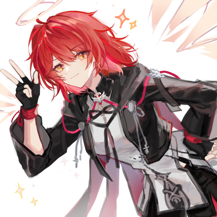 1girl arknights black_gloves black_jacket breasts chinese_commentary commentary_request cowboy_shot cropped_jacket cross cross_earrings detached_wings earrings exusiai_(arknights) exusiai_the_new_covenant_(arknights) fingerless_gloves gloves halo hand_on_own_hip highres jacket jewelry light_smile long_sleeves looking_at_viewer mangzhi_yaoyao one_side_up red_hair simple_background solo sparkle w white_background wings yellow_eyes