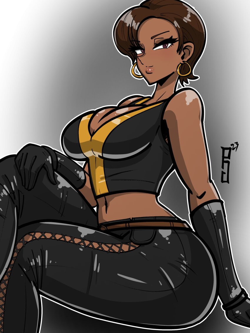1girl bare_shoulders breasts brown_hair crop_top dark-skinned_female dark_skin dead_or_alive earrings highres jewelry large_breasts lisa_hamilton paddy_g_(terrybrogard) pants short_hair sitting sleeveless solo