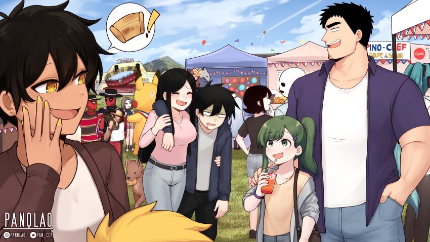 5boys 5girls absurdres anemanta_(character) belt black_eyes black_hair blonde_hair blush breasts carnival casual deadpool denim earrings facial_hair fang gen_1_pokemon goatee goatee_stubble green_eyes green_hair hatsune_miku highres igarashi_futaba jacket jeans jewelry kazama_souta kurobe_natsumi large_breasts mature_male medium_hair mole mole_under_eye multiple_boys multiple_girls muscular muscular_male panqlao pants petite pikachu pokemon ponytail sakurai_touko sakurai_yuuto_(senpai_ga_uzai) senpai_ga_uzai_kouhai_no_hanashi shiromanta_(character) shirt short_hair sidelocks slit_pupils smile speech_bubble spider-man stubble t-shirt takeda_harumi thick_eyebrows tsukishiro_mona yellow_eyes