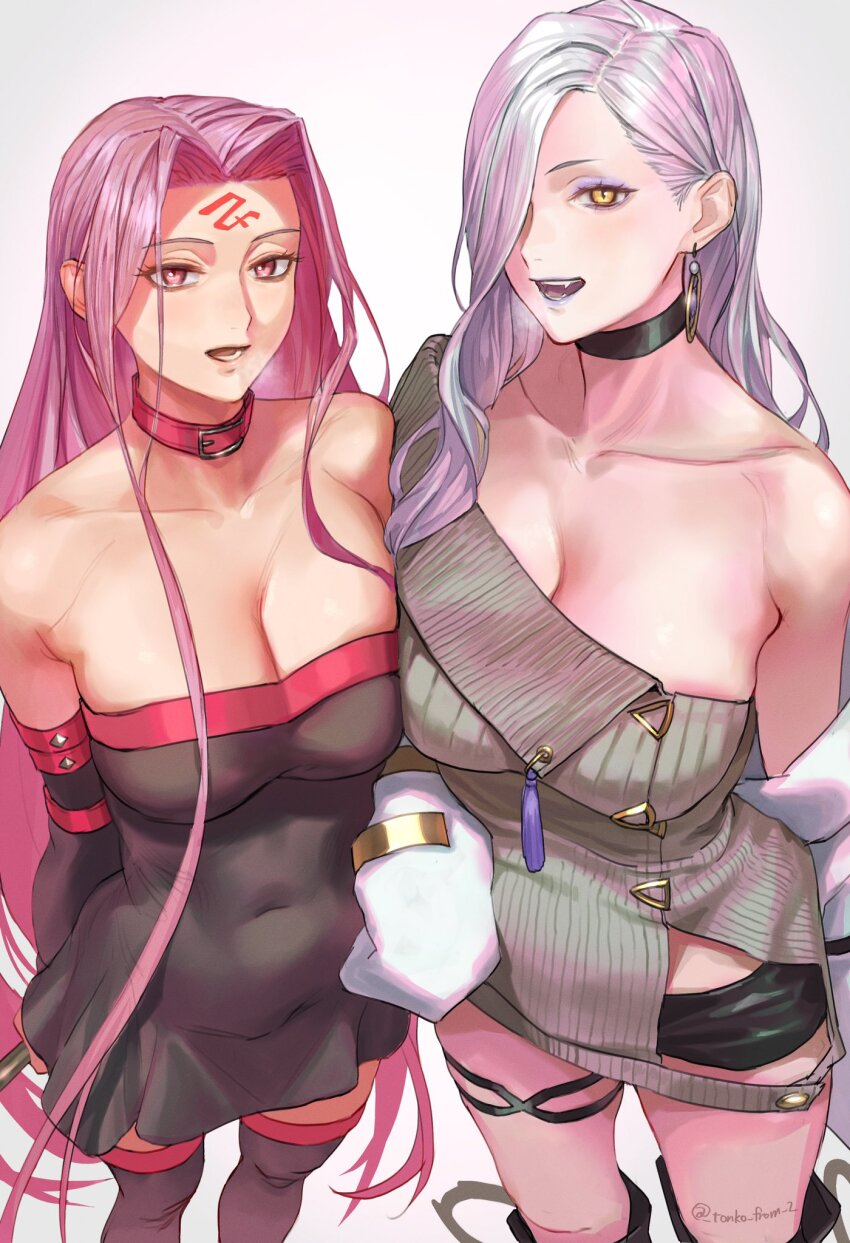 2girls bare_shoulders black_dress black_shorts black_thighhighs blue_lips blush breasts choker cleavage collar collarbone covered_navel detached_sleeves dress earrings eyeliner facial_mark fate/grand_order fate_(series) forehead forehead_mark grey_dress hair_over_one_eye highres hoop_earrings jacket jewelry large_breasts long_hair long_sleeves looking_at_viewer makeup medusa_(fate) medusa_(rider)_(fate) multiple_girls off_shoulder mrs._snake_(fate) open_mouth parted_bangs purple_eyes purple_hair short_dress short_shorts shorts sidelocks sweater sweater_dress tassel thighhighs thighs tonko_from very_long_hair white_hair white_jacket yellow_eyes