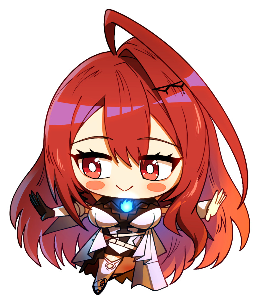 1girl :&gt; ahoge black_gloves blue_fire blush blush_stickers breasts bright_pupils chibi chibi_only closed_mouth commentary_request ddolbang elizabeth_rose_bloodflame elizabeth_rose_bloodflame_(1st_costume) eyelashes fire full_body gloves hair_between_eyes hair_ornament hairclip highres hololive hololive_english korean_commentary long_hair outstretched_arms red_eyes red_hair single_glove single_hair_intake smile solo spread_arms standing transparent_background virtual_youtuber white_pupils