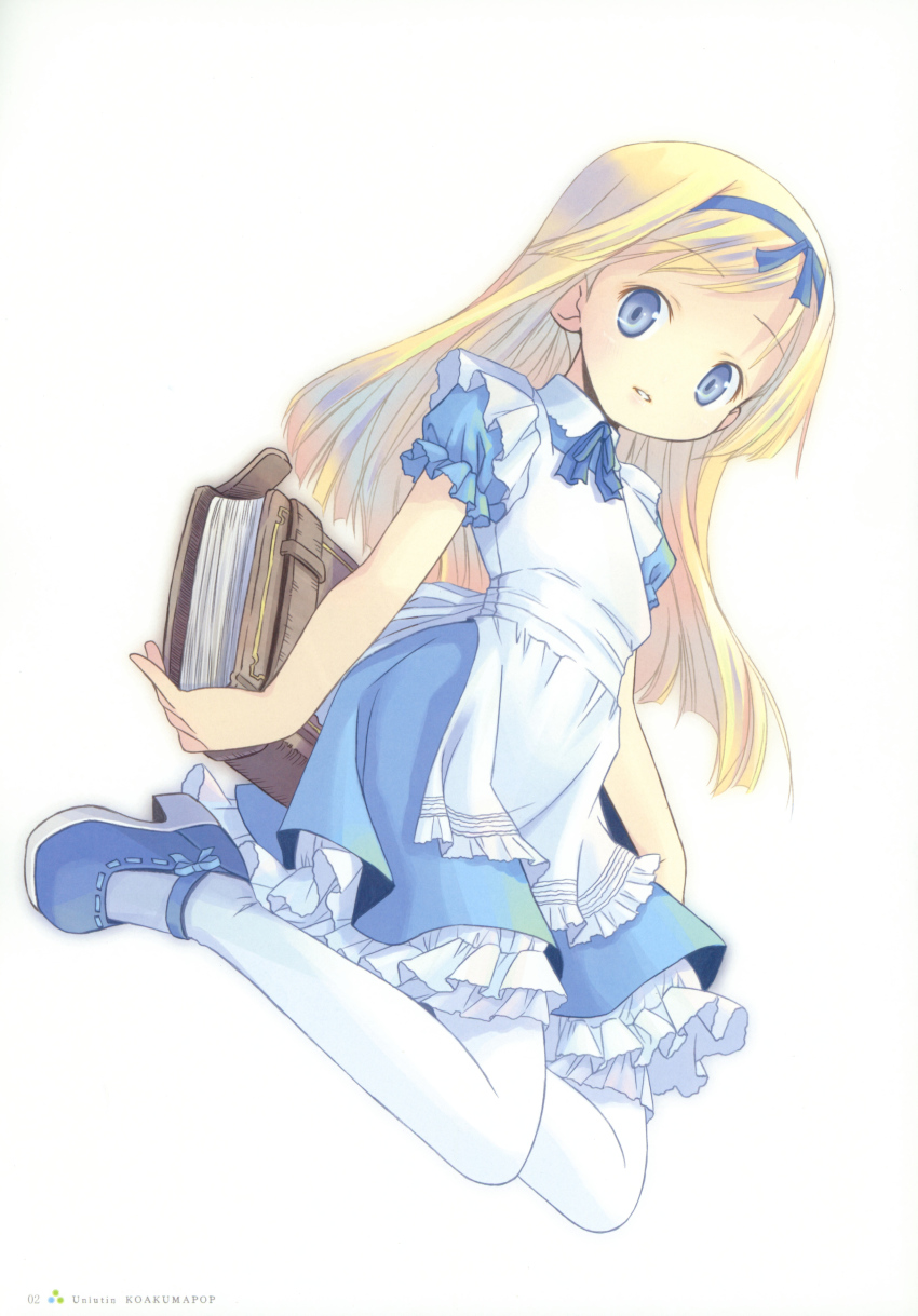 1girl absurdres apron blonde_hair blue_eyes book child dress highres kneeling looking_at_viewer pop ribbon socks
