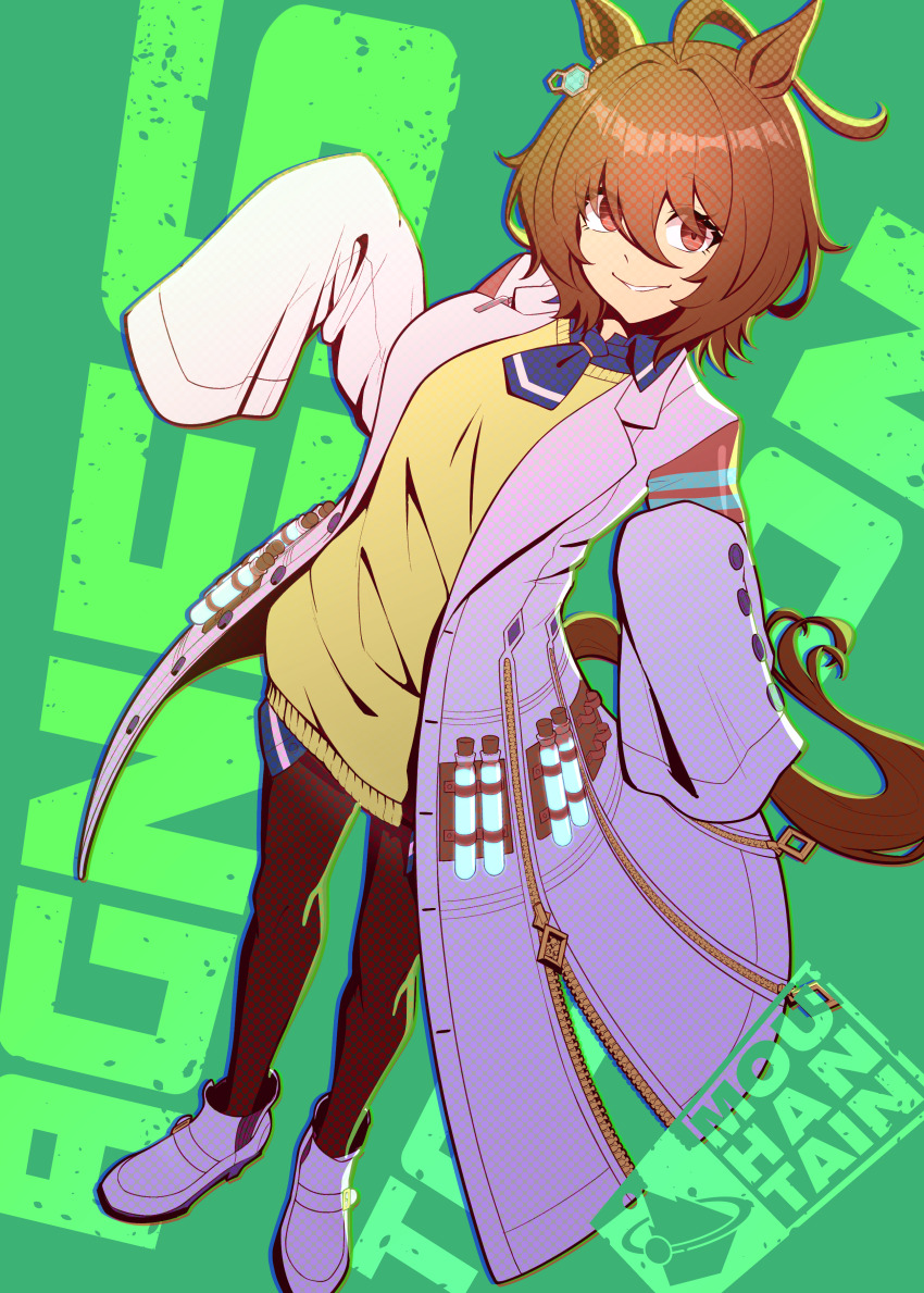 1girl absurdres agnes_tachyon_(umamusume) ahoge animal_ears black_necktie black_pantyhose black_shirt brown_hair character_name chemical_structure coat collared_shirt commentary earrings english_commentary highres horse_ears horse_girl huge_ahoge jewelry lab_coat long_sleeves looking_at_viewer mouhantain necktie open_clothes open_coat pantyhose red_eyes shirt short_hair short_necktie single_earring sleeves_past_fingers sleeves_past_wrists solo sweater test_tube umamusume white_coat wide_sleeves yellow_sweater