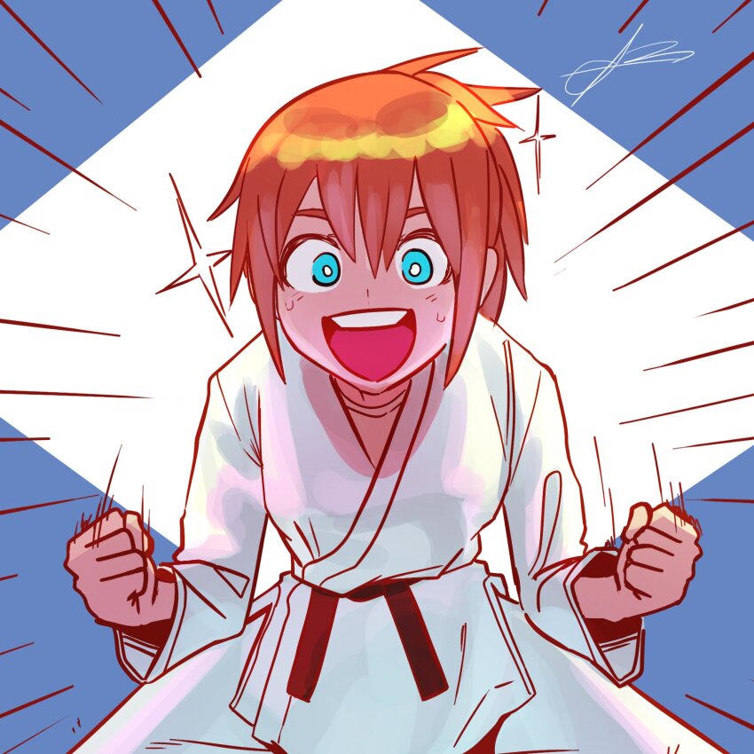 1girl :d alpharecdyt blue_eyes dougi emphasis_lines highres ijiranaide_nagatoro-san karate_gi looking_at_viewer open_mouth orange_hair orihara_(nagatoro) smile solo spiked_hair tareme teeth upper_teeth_only