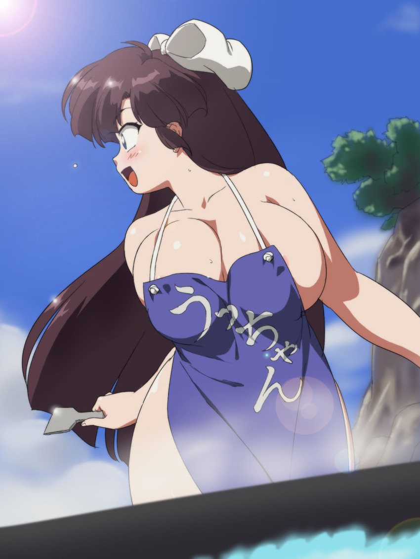 1girl apron areola_slip bare_shoulders blue_eyes blue_sky blush breasts brown_hair cleavage cloud commentary_request curvy day female_focus grill hair_ribbon highres hip_focus kuonji_ukyou large_breasts lens_flare long_hair looking_back mage_(harumagedon) naked_apron open_mouth profile ranma_1/2 ribbon sky smile solo spatula sweat tree wide_hips