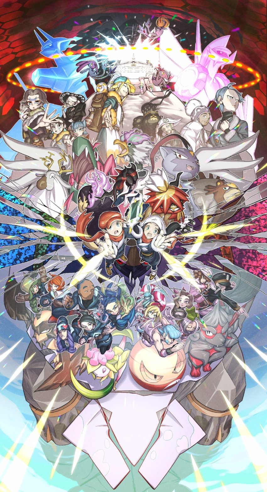 6+boys 6+girls adaman_(pokemon) akari_(pokemon) arc_phone arezu_(pokemon) azelf backpack bag basculegion basculegion_(male) beni_(pokemon) black_hair black_headwear blonde_hair blue_hair brown_hair calaba_(pokemon) charm_(pokemon) closed_mouth clover_(pokemon) cogita_(pokemon) coin_(pokemon) commentary_request cyllene_(pokemon) dark-skinned_male dark_skin dialga dialga_(origin) diamond_clan_outfit fangs gaeric_(pokemon) galaxy_expedition_team_survey_corps_uniform gen_4_pokemon ginkgo_guild_uniform glaceon green_hair hat headscarf highres hisuian_arcanine hisuian_avalugg hisuian_braviary hisuian_decidueye hisuian_electrode hisuian_lilligant hisuian_poke_ball hisuian_samurott hisuian_typhlosion ingo_(pokemon) irida_(pokemon) iscan_(pokemon) jewelry kakashino_kakato kamado_(pokemon) kleavor professor_laventon leafeon legendary_pokemon lian_(pokemon) looking_at_viewer looking_to_the_side mai_(pokemon) melli_(pokemon) mesprit multiple_boys multiple_girls neck_ring nintendo open_mouth outstretched_hand palina_(pokemon) palkia palkia_(origin) pantyhose peaked_cap pearl_clan_outfit poke_ball pokemon pokemon_(creature) pokemon_legends:_arceus purple_hair red_hair red_headwear red_scarf rei_(pokemon) sabi_(pokemon) scarf sneasler ursaluna uxie volo_(pokemon) white_hair white_headscarf white_headwear wyrdeer