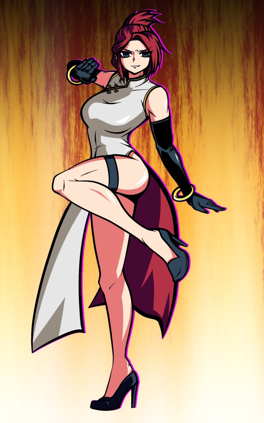 1girl akatsuki_blitzkampf asian assassin bracelet breasts china_dress chinese_clothes curvy dress en-eins_kanzen_sekai en-eins_kanzen_sekai gloves high_heels highres jewelry large_breasts latex latex_gloves looking_at_viewer marilyn_sue marilyn_sue_dajie namelessl smile solo strap thighs
