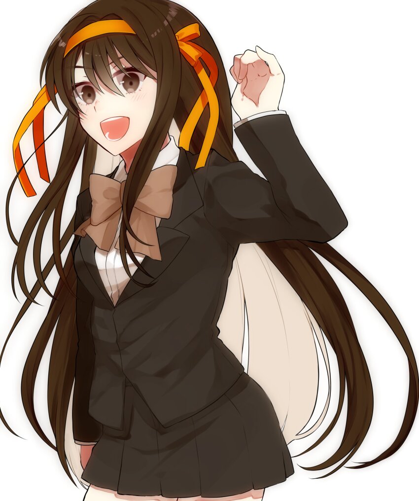 1girl absurdres black_jacket black_skirt bow bowtie brown_bow brown_bowtie brown_eyes brown_hair cowboy_shot hair_between_eyes hair_ribbon hairband highres jacket kouyouen_academy_school_uniform long_hair long_sleeves official_alternate_costume official_alternate_hair_length official_alternate_hairstyle okome_nl open_mouth orange_hairband orange_ribbon ribbon school_uniform shirt simple_background skirt solo suzumiya_haruhi suzumiya_haruhi_no_shoushitsu suzumiya_haruhi_no_yuuutsu teeth v-shaped_eyebrows very_long_hair white_background white_shirt winter_uniform