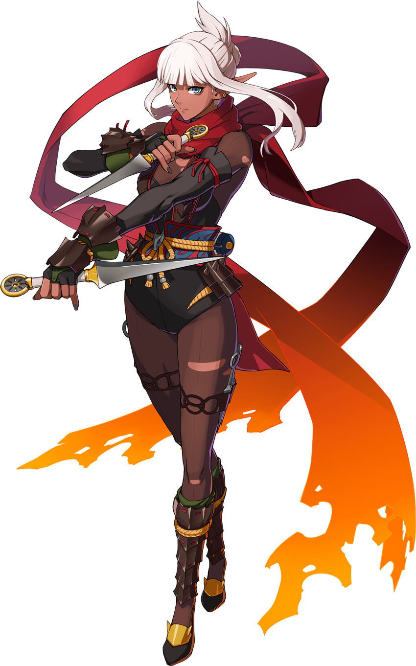 1girl absurdres artist_request blue_eyes breasts dark-skinned_female dark_elf dark_skin dnf_duel dungeon_and_fighter elf fingerless_gloves fire full_body gloves highres holding holding_weapon knife kunai kunoichi_(dungeon_and_fighter) long_hair medium_breasts ninja official_art pointy_ears red_scarf scarf solo thief_(dungeon_and_fighter) transparent_background weapon white_hair