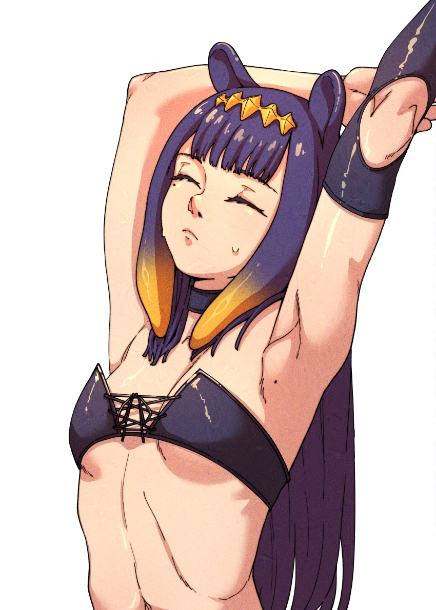 1girl absurdres animal_ears armpits arms_up bandeau black_bandeau blue_hair blunt_bangs breasts chuckuddin closed_eyes closed_mouth commentary detached_sleeves english_commentary gradient_hair highres hololive hololive_english long_hair mole mole_on_armpit multicolored_hair navel ninomae_ina&#039;nis orange_hair paid_reward_available simple_background small_breasts solo stretching tentacle_hair upper_body virtual_youtuber white_background