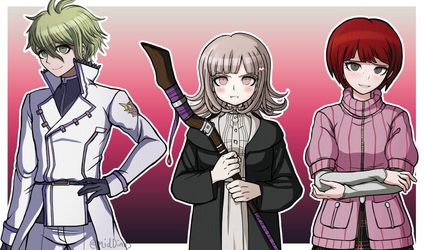 1boy 2girls a_beautiful_man_(middinos) absurdres amami_rantaro artist_name black_gloves blush breasts brown_hair character_request cosplay cosplay_request cowboy_shot danganronpa_(series) danganronpa_2:_goodbye_despair danganronpa_v3:_killing_harmony dress fern_(sousou_no_frieren) fern_(sousou_no_frieren)_(cosplay) flipped_hair galaga gloves gradient_background green_eyes grey_dress hair_ornament highres holding holding_staff jacket large_breasts long_sleeves multiple_girls pants pink_background pink_eyes pink_sweater plaid_clothes plaid_skirt pout skirt smile sousou_no_frieren spaceship_hair_ornament staff sweater white_jacket white_pants