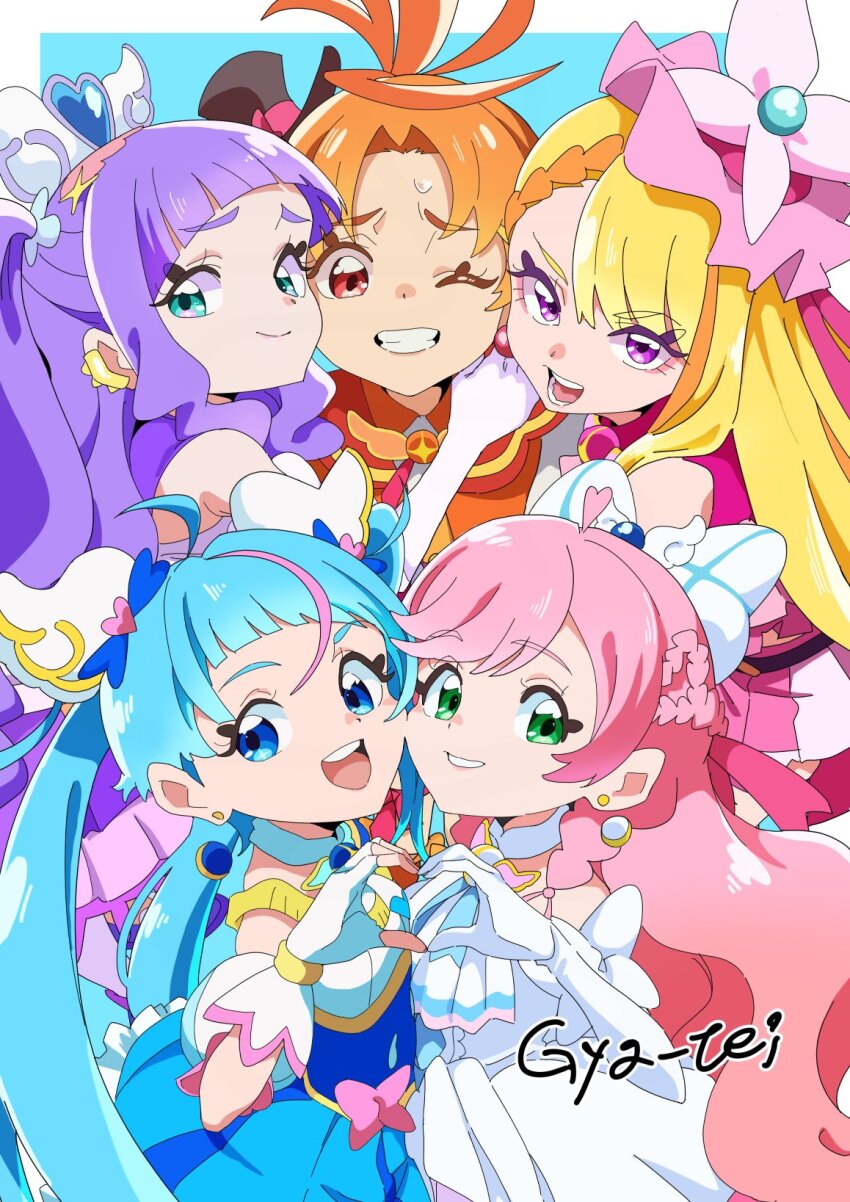 1boy 4girls ahoge aqua_eyes ascot blonde_hair blue_eyes blue_hair border bow braid brooch cure_butterfly cure_majesty cure_prism cure_sky cure_wing detached_sleeves dress elbow_gloves ellee-chan fingerless_gloves gloves green_eyes grin gya-tei hair_bow hair_ornament half_up_braid heart heart_brooch heart_hands heart_hands_duo highres hijiri_ageha hirogaru_sky!_precure hug jewelry long_hair magical_boy magical_girl multicolored_hair multiple_girls nijigaoka_mashiro one_eye_closed open_mouth orange_eyes orange_hair pink_hair precure purple_eyes purple_hair simple_background sleeveless sleeveless_dress smile sora_harewataru teeth twintails two-tone_hair two_side_up white_dress white_gloves wing_hair_ornament yuunagi_tsubasa