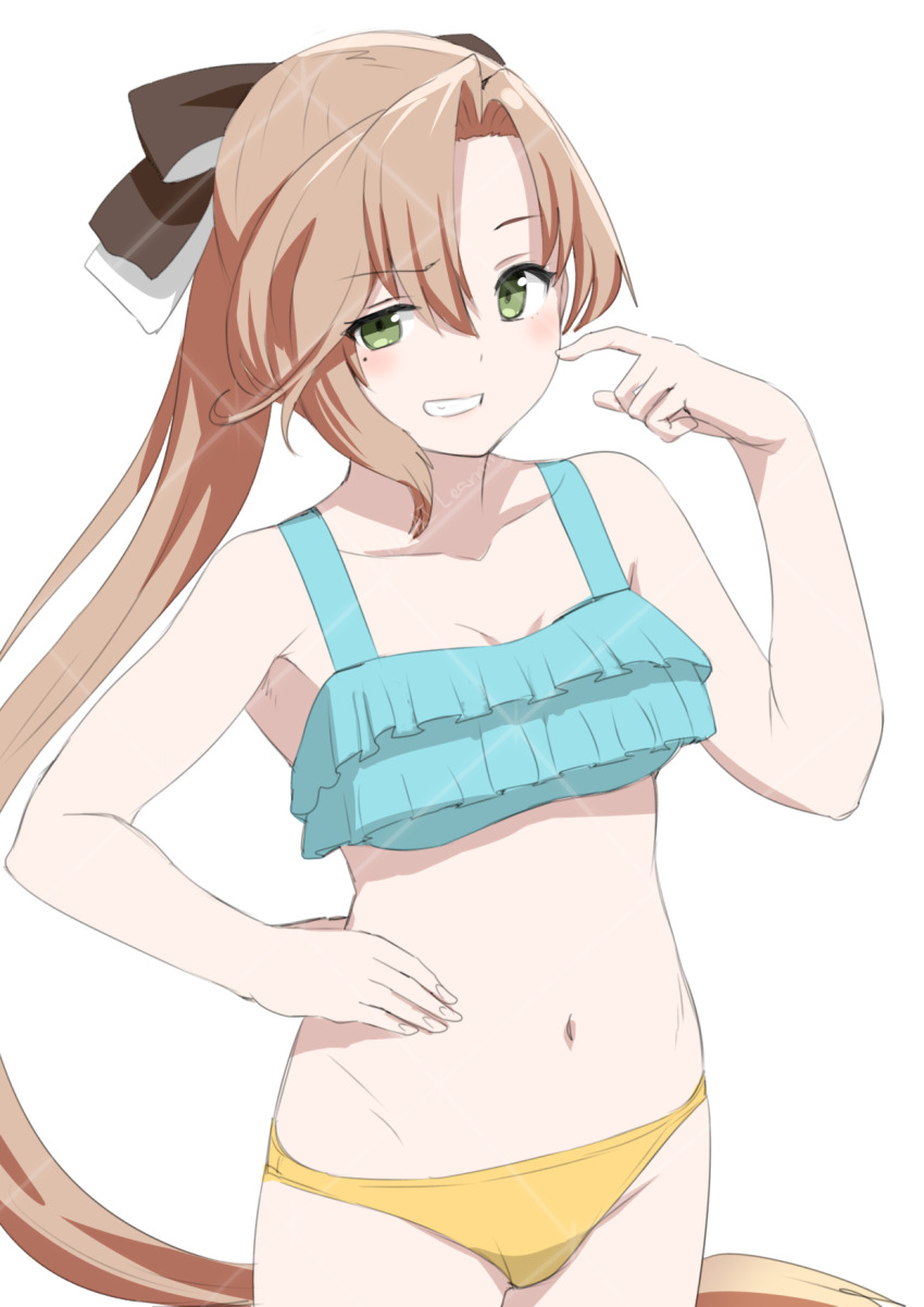 1girl 30-06 akigumo_(kancolle) bikini blush brown_hair collarbone finger_to_cheek green_eyes hair_ribbon highres kantai_collection long_hair looking_at_viewer mismatched_bikini mole mole_under_eye navel ponytail ribbon smile swimsuit teeth white_background