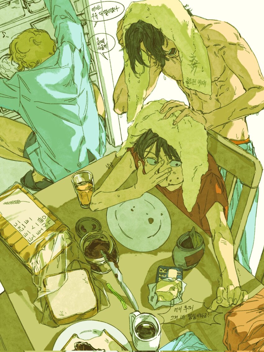 3boys abs arm_up black_hair black_male_underwear blonde_hair blue_pants blue_shirt bread bread_slice breakfast brothers butter coffee coffee_mug commentary_request covered_eyes cup drink eating food food_on_face glass hair_over_eyes hand_on_another&#039;s_head highres jam juice knife korean_commentary korean_text leaff00 lid loaf_of_bread long_sleeves looking_to_the_side male_focus male_underwear male_underwear_peek monkey_d._luffy mug multiple_boys musical_note one_piece pants pectorals plate portgas_d._ace reaching red_male_underwear red_shirt sabo_(one_piece) shirt short_sleeves siblings sideways_glance speech_bubble squatting t-shirt toned toned_male topless_male towel towel_on_head translation_request underwear utensil