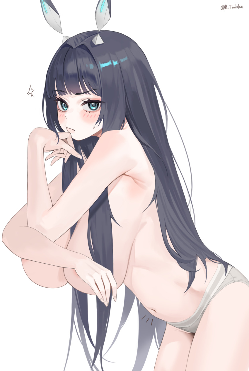 1girl absurdres anger_vein aqua_eyes armpit_crease belly black_hair blush breasts closed_mouth commentary_request covering_breasts covering_privates cowboy_shot djmax djmax_respect fingernails grey_panties groin hair_between_breasts hair_intakes hand_on_own_chin hands_up heart heart_in_eye highres invisible_table korean_commentary large_breasts leaning_forward leaning_on_object lena_(djmax) long_hair looking_at_viewer mechanical_ears navel notice_lines panties simple_background solo standing sweatdrop symbol_in_eye topless_female toulalan twitter_username underwear underwear_only v-shaped_eyebrows very_long_hair white_background
