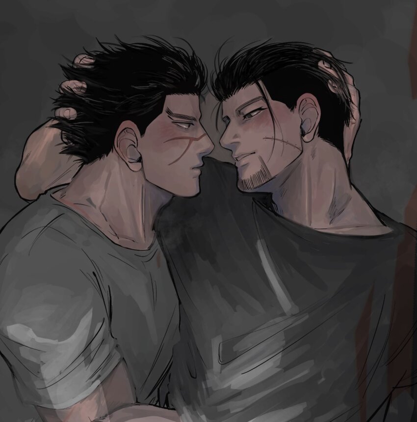 2boys black_hair black_shirt blush closed_mouth collarbone commentary_request eye_contact facial_hair facial_scar goatee golden_kamuy grey_background grey_shirt hand_in_another&#039;s_hair highres looking_at_another male_focus multiple_boys ogata_hyakunosuke profile scar scar_on_cheek scar_on_face shirt short_hair short_sideburns short_sleeves sideburns simple_background sugimoto_saichi t-shirt tcitcibu999 yaoi