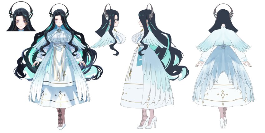 1girl absurdres aqua_hair black_hair reference_sheet demon_horns dress feathers highres hololive hololive_english horns long_hair looking_at_viewer malpha_ravencroft mole mole_under_eye multiple_views pink_eyes simple_background turnaround virtual_youtuber wavy_hair white_background white_dress yomosaka