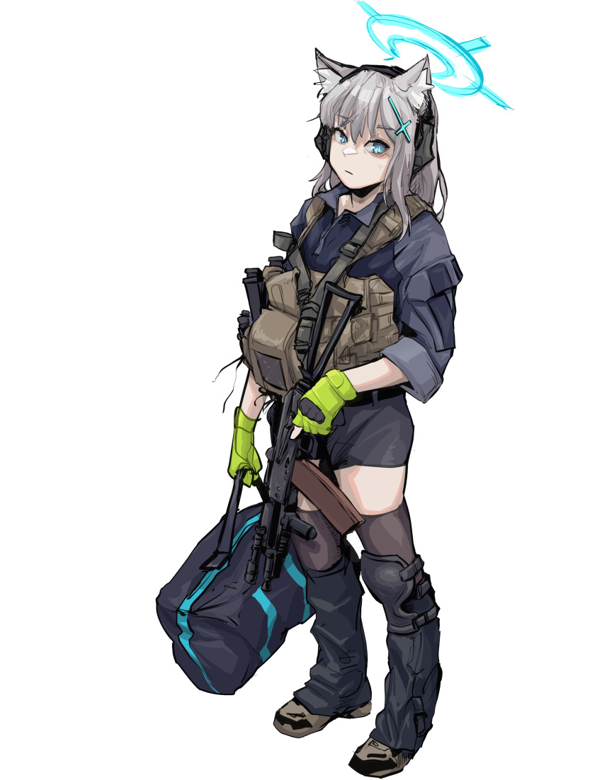 1girl absurdres aks-74u alternate_costume animal_ear_fluff animal_ears assault_rifle bag bandaid bandaid_on_face bandaid_on_nose blue_archive blue_eyes closed_mouth cross_hair_ornament epakim expressionless extra_ears fingerless_gloves full_body gloves green_gloves grey_hair gun hair_ornament halo headphones headset highres holding holding_bag holding_gun holding_weapon kalashnikov_rifle kneehighs looking_at_viewer medium_hair rifle shiroko_(blue_archive) simple_background socks solo standing weapon white_background wolf_ears