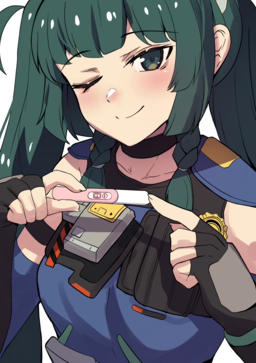 1girl ;) absurdres black_choker black_gloves blush braid choker closed_mouth collarbone commentary english_commentary fingerless_gloves fingernails gloves green_eyes green_hair hands_up highres hinghoi holding holding_pregnancy_test long_hair one_eye_closed pregnancy_test qingyi_(zenless_zone_zero) smile solo twin_braids twintails very_long_hair zenless_zone_zero