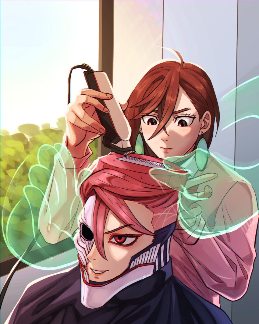 2girls absurdres acrobatic_silky_(dandadan) alternate_form alternate_hairstyle asymmetrical_mask ayase_momo barber_cape brown_hair choso_giving_toudou_a_haircut_(meme) cutting_another&#039;s_hair cutting_hair dandadan electric_razor eyeliner fade_(haircut) flattop half_mask highres holding makeup mask meme mouth_mask multiple_girls official_alternate_hair_color open_mouth razor real_sixer121 red_eyeliner shiratori_aira_(dandadan) short_hair smile