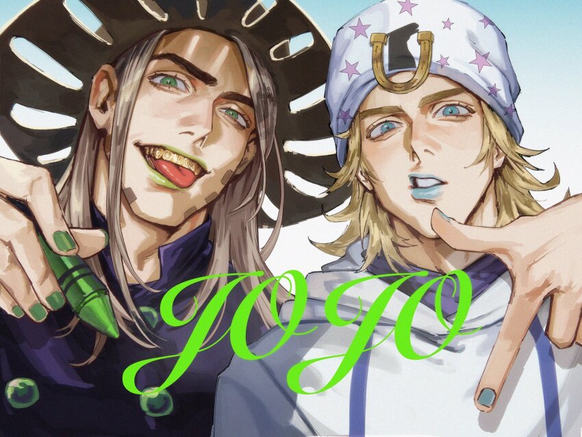 2boys blonde_hair blue_eyes blue_lips blue_nails colored_teeth gold_teeth green_eyes green_lips green_nails gyro_zeppeli hat highres horseshoe_ornament johnny_joestar jojo_no_kimyou_na_bouken long_hair multiple_boys staryoruu steel_ball_run tongue tongue_out yellow_teeth