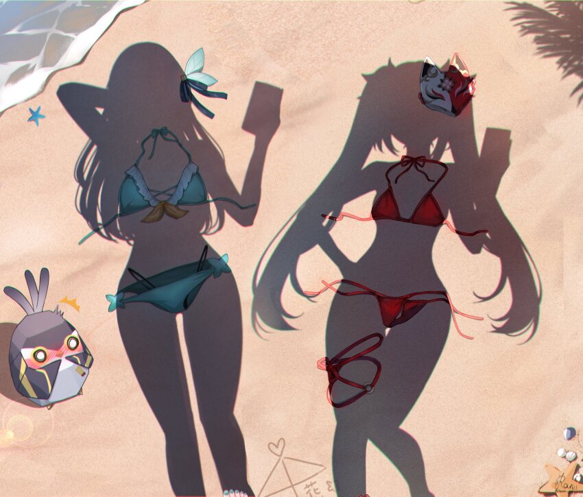 2girls ai_ai_gasa artist_name beach bikini blush cellphone clam commentary cross-laced_bikini cross-laced_clothes day drawing_on_sand dressed_shadow_(meme) english_commentary feet female_pov firefly_(honkai:_star_rail) fox_mask front-tie_bikini_top front-tie_top green_bikini green_nails hair_ribbon halterneck highres holding holding_phone honkai:_star_rail honkai_(series) long_hair mask meme multiple_girls nail_polish origami_bird_(honkai:_star_rail) outdoors phone pov pov_legs pov_shadow ranran_3939 red_bikini red_nails ribbon sand shadow signature smartphone sparkle_(honkai:_star_rail) starfish swimsuit thigh_strap toenail_polish toenails trailblazer_(honkai:_star_rail) trailblazer_(trailbirder)_(honkai:_star_rail) twintails twitter_username unworn_bikini unworn_mask