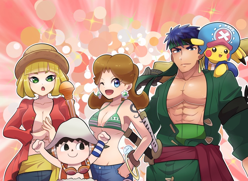 2boys 2girls animal_crossing arms_(game) blonde_hair blue_eyes blue_hair breasts brown_hair cleavage cosplay crossover earrings fire_emblem fire_emblem:_radiant_dawn flower_earrings gen_1_pokemon green_eyes hat headband highres ike_(fire_emblem) jewelry large_breasts mario_(series) medium_breasts min_min_(arms) monkey_d._luffy monkey_d._luffy_(cosplay) multiple_boys multiple_girls nami_(one_piece) nami_(one_piece)_(cosplay) navel nintendo one_eye_closed one_piece pikachu pokemon pokemon_(creature) princess_daisy roronoa_zoro roronoa_zoro_(cosplay) saon101 standing straw_hat super_mario_land super_smash_bros. sword tail tattoo tomboy tony_tony_chopper tony_tony_chopper_(cosplay) usopp usopp_(cosplay) villager_(animal_crossing) weapon wink