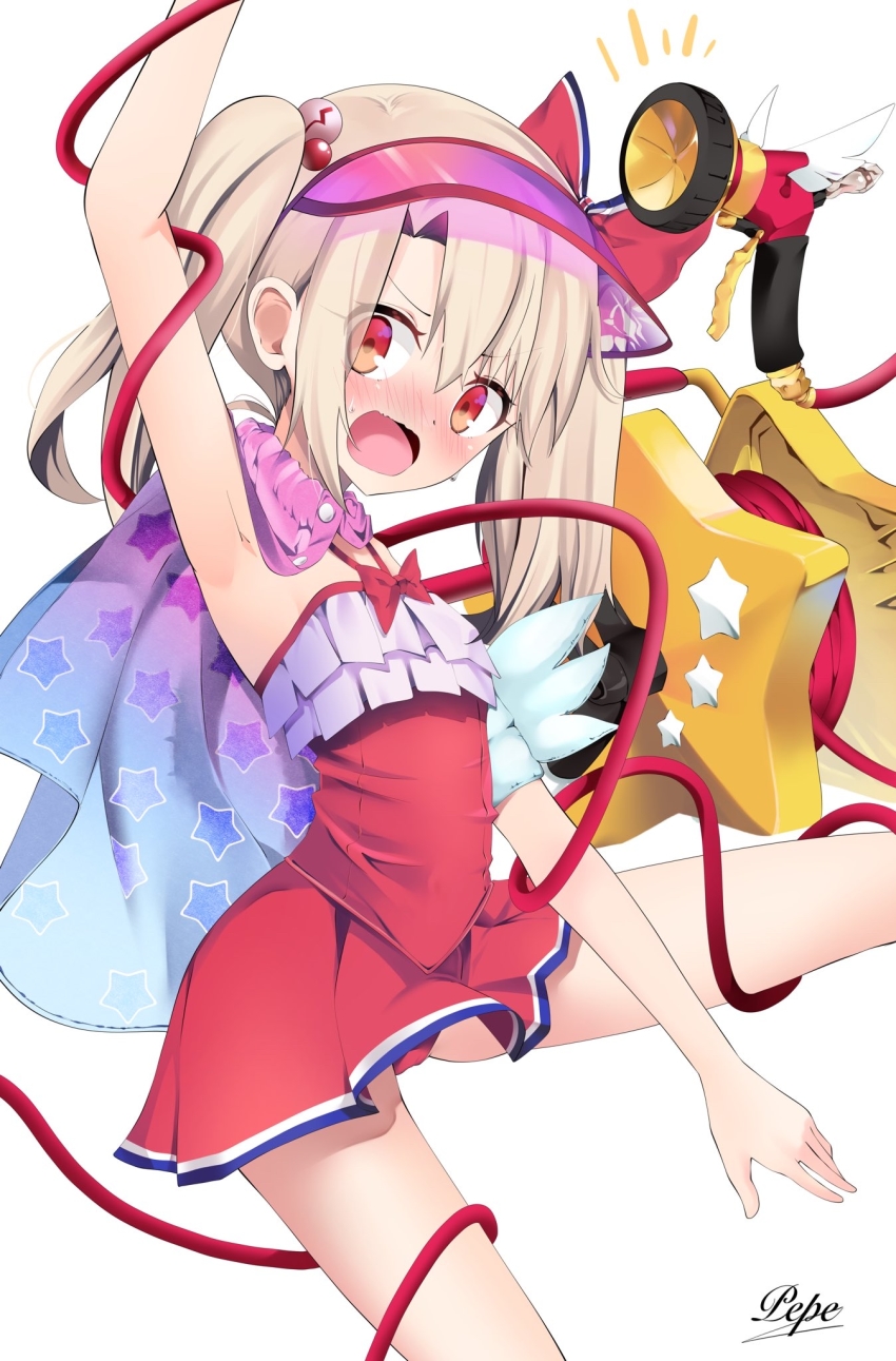 1girl armpits bare_legs blonde_hair blush cape dress dress_swimsuit fate/grand_order fate_(series) highres illyasviel_von_einzbern illyasviel_von_einzbern_(swimsuit_archer) illyasviel_von_einzbern_(swimsuit_archer)_(second_ascension) magical_ruby magical_ruby_(hose) open_mouth panties pei_iriya red_eyes red_panties simple_background solo twintails underwear visor_cap white_background