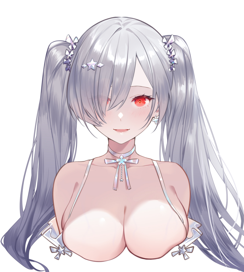 1girl breast_cutout breasts choker cinderella cinderella_(glass_princess)_(nikke) cinderella_(nikke) commentary earrings goddess_of_victory:_nikke hair_between_eyes hair_over_one_eye highres jewelry large_breasts light_blush long_hair official_alternate_costume open_mouth pale_skin red_eyes simple_background smile solo tight_clothes twintails upper_body white_background xion32