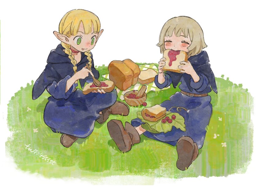 2girls 4sssst :p belt berry blanket blonde_hair blue_capelet blue_robe blush_stickers boots bowl braid bread bread_slice bright_pupils brown_belt brown_footwear brown_hair capelet choker closed_mouth commentary_request dot_nose dungeon_meshi eating elf falin_touden falin_touden_(tallman) food food_in_mouth grass green_eyes hair_over_shoulder highres holding holding_food holding_spoon indian_style jam leaf long_pointy_ears long_sleeves low_twin_braids marcille_donato multiple_girls pointy_ears red_choker robe shoe_soles short_hair sitting spoon tongue tongue_out twin_braids twitter_username white_pupils